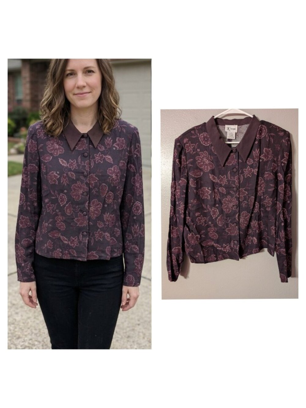 K STUDIO Vintage 90s Rayon Floral Herringbone Jacket Blouse Size 14